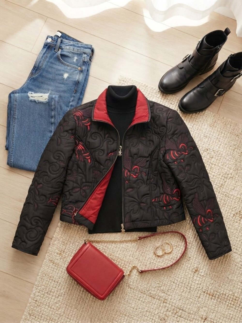 Bellesa Black & Red Embroidered Quilted Zip Up Jacket Size 14